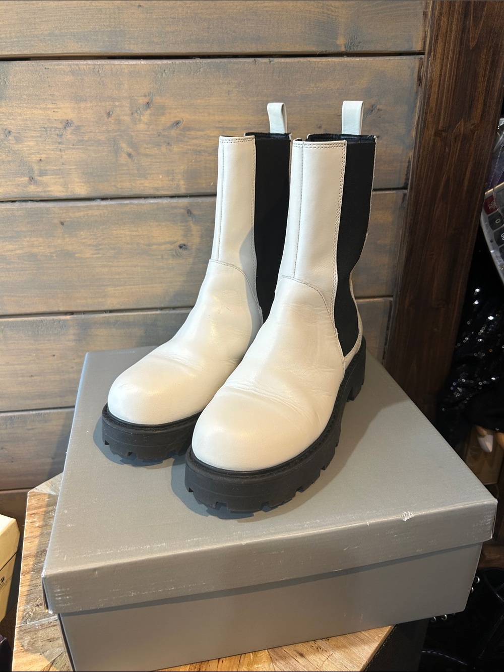 Vagabond White Leather Chelsea Lug Boots with Black Elastic